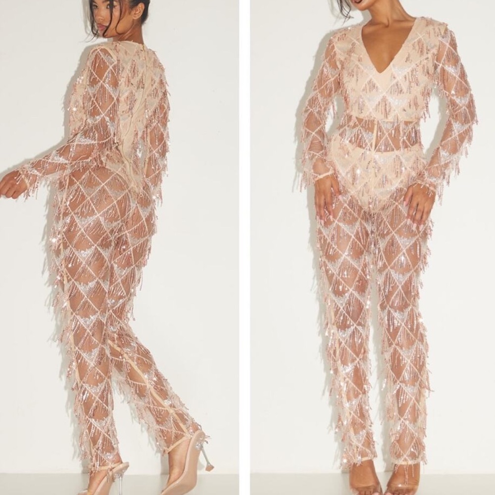 NWT Pretty Little Thing Rose Gold Sequin Plunge Fringe Jumpsuit Size 0 Sheer